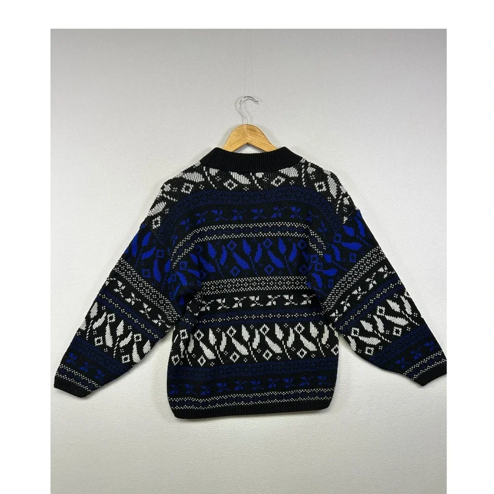 Vintage 80s Javenits Mens Large Blue Black Geometric Abstract Knit Sweater‎ USA